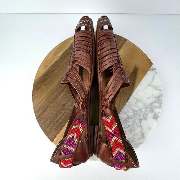 RARAMURI Mexican Beaded Hand Made Leather Woven Cognac Huarache Sandals Size 10 - Picture 6 of 10